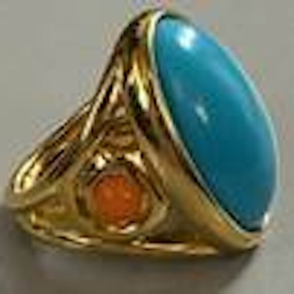 Kenneth Jay Lane, Gold Ring with Turquoise Cabochon Center & Coral Cabochon Dots - Picture 2 of 5